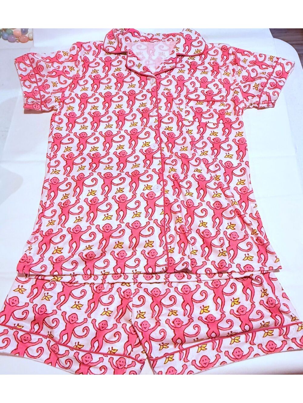 Kids Pink and Yellow Monkey Short Sleeve Shorts PJs Set Size 12
